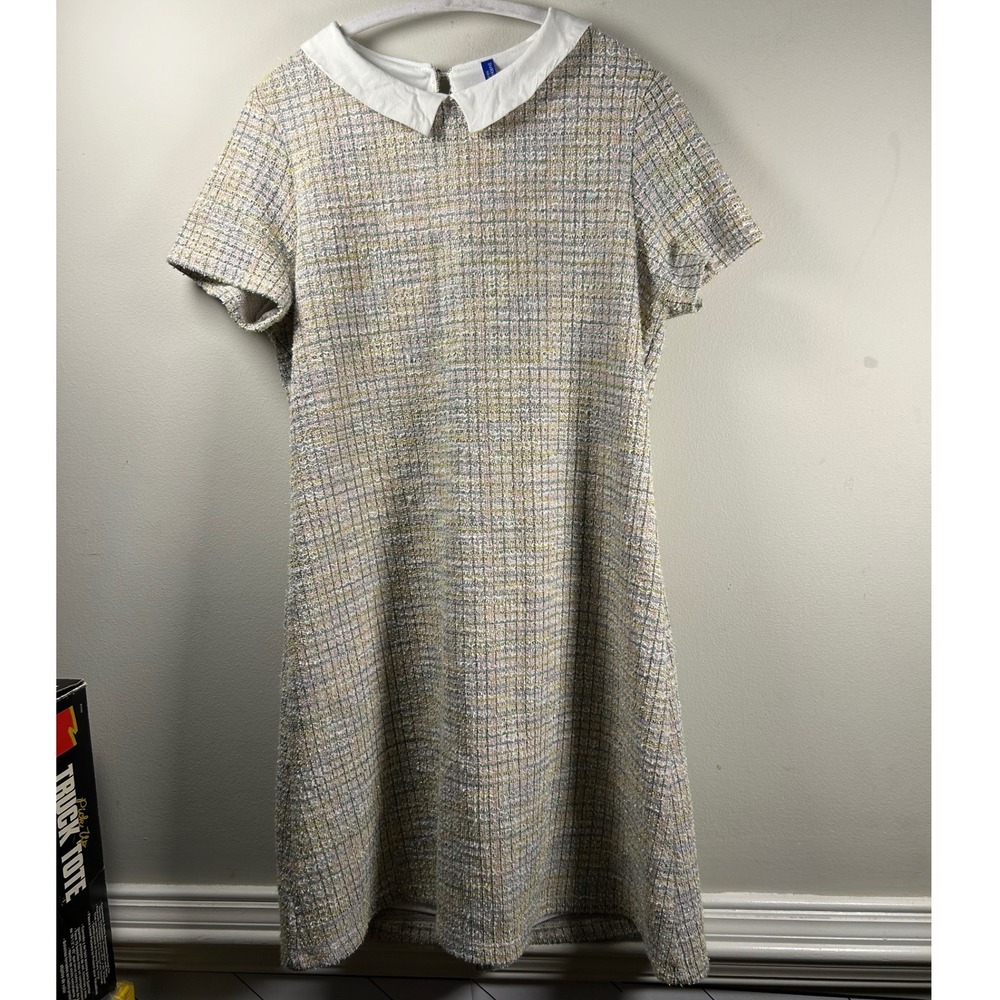 H&M Divided Tweed Shift Dress Womens 8 Pastel Pink Blue Mod Peter Pan Collar
